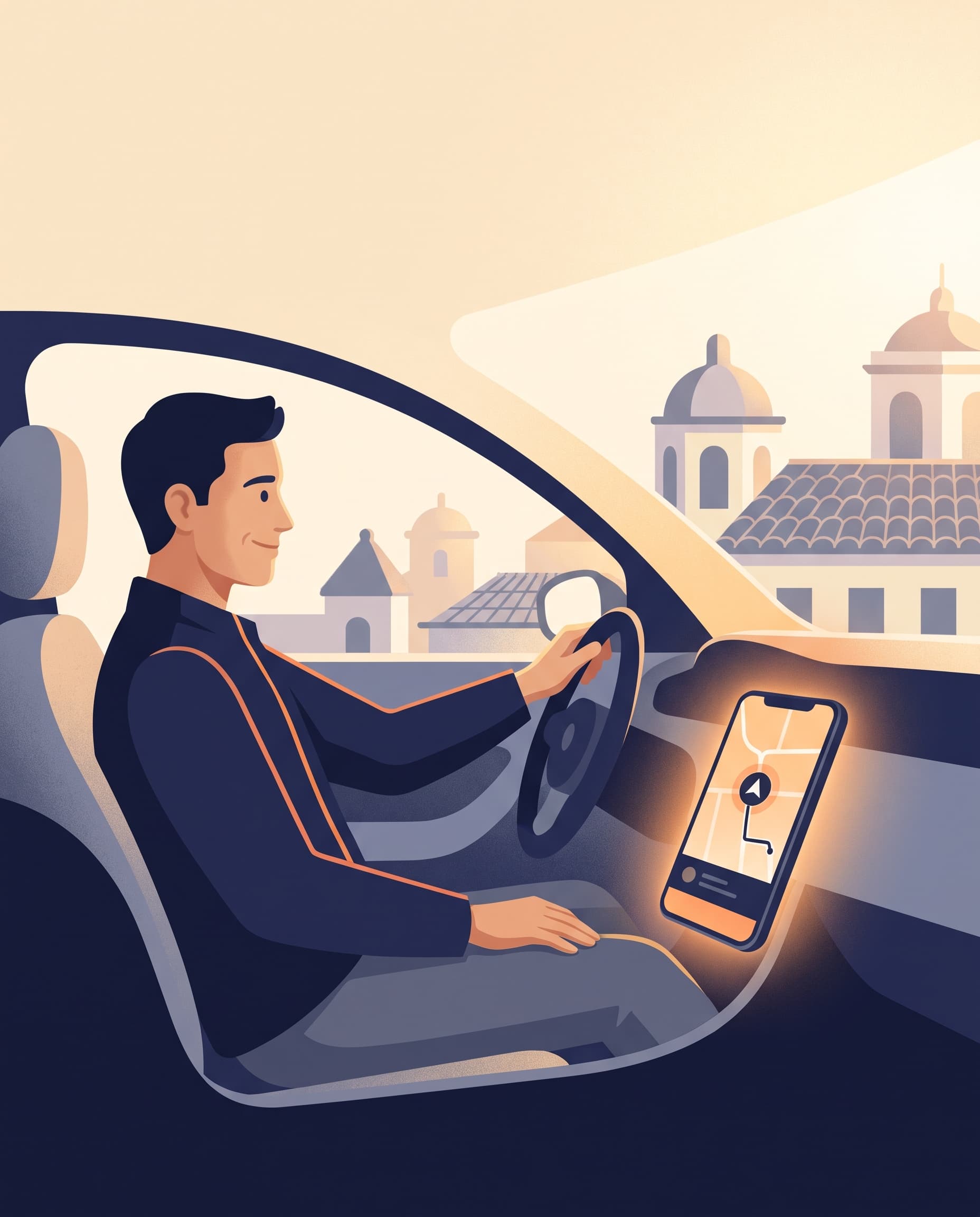 A calm rideshare driver in Lisbon at golden hour, ride app on the dashboard