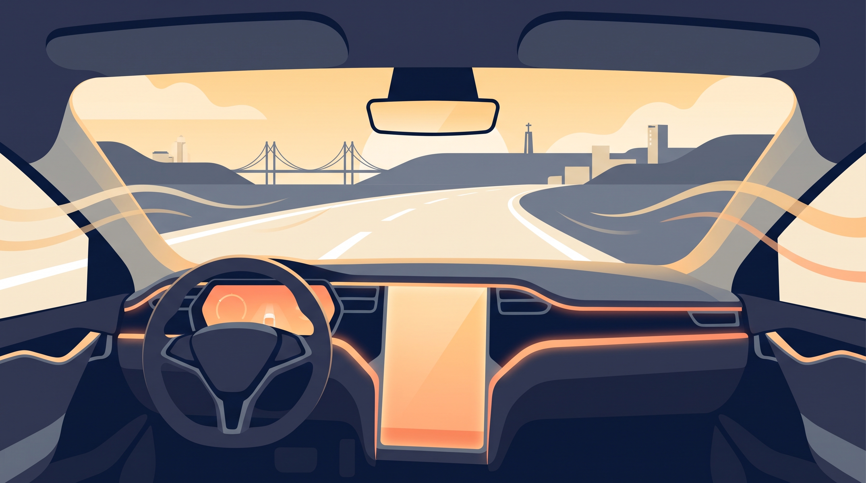 Driver's-eye view of the road: steering wheel, dashboard, and the view ahead